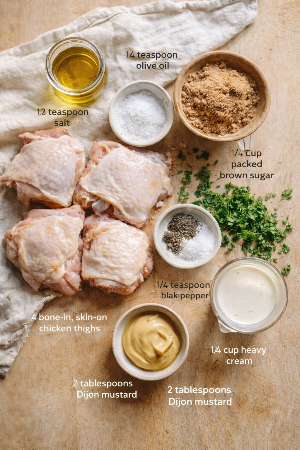 Overhead view of bone-in, skin-on chicken thighs with olive oil, salt, sugar, mustard, cream, pepper, and parsley.