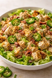 bowl of creamy herb chicken bites on lettuce, topped with jalapeño slices
