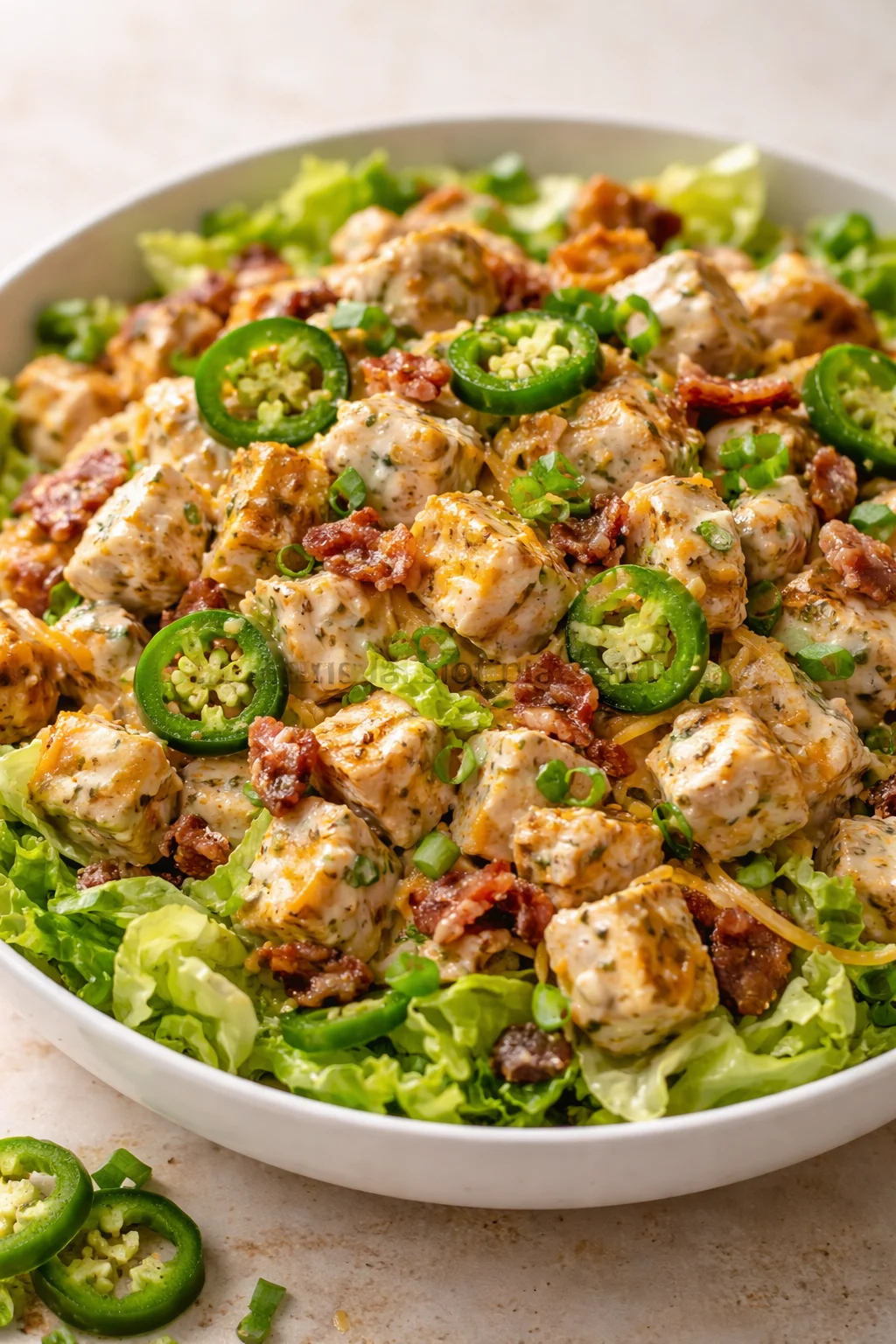 bowl of creamy herb chicken bites on lettuce, topped with jalapeño slices