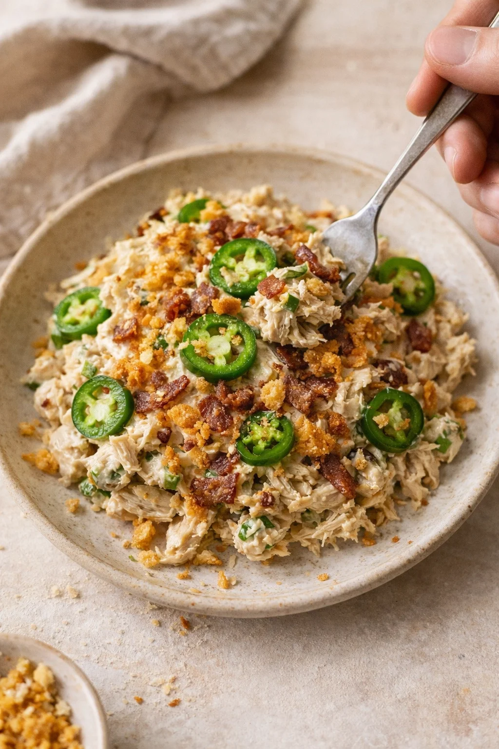 Creamy shredded chicken salad topped with jalapeño slices and crispy bacon in a beige bowl
