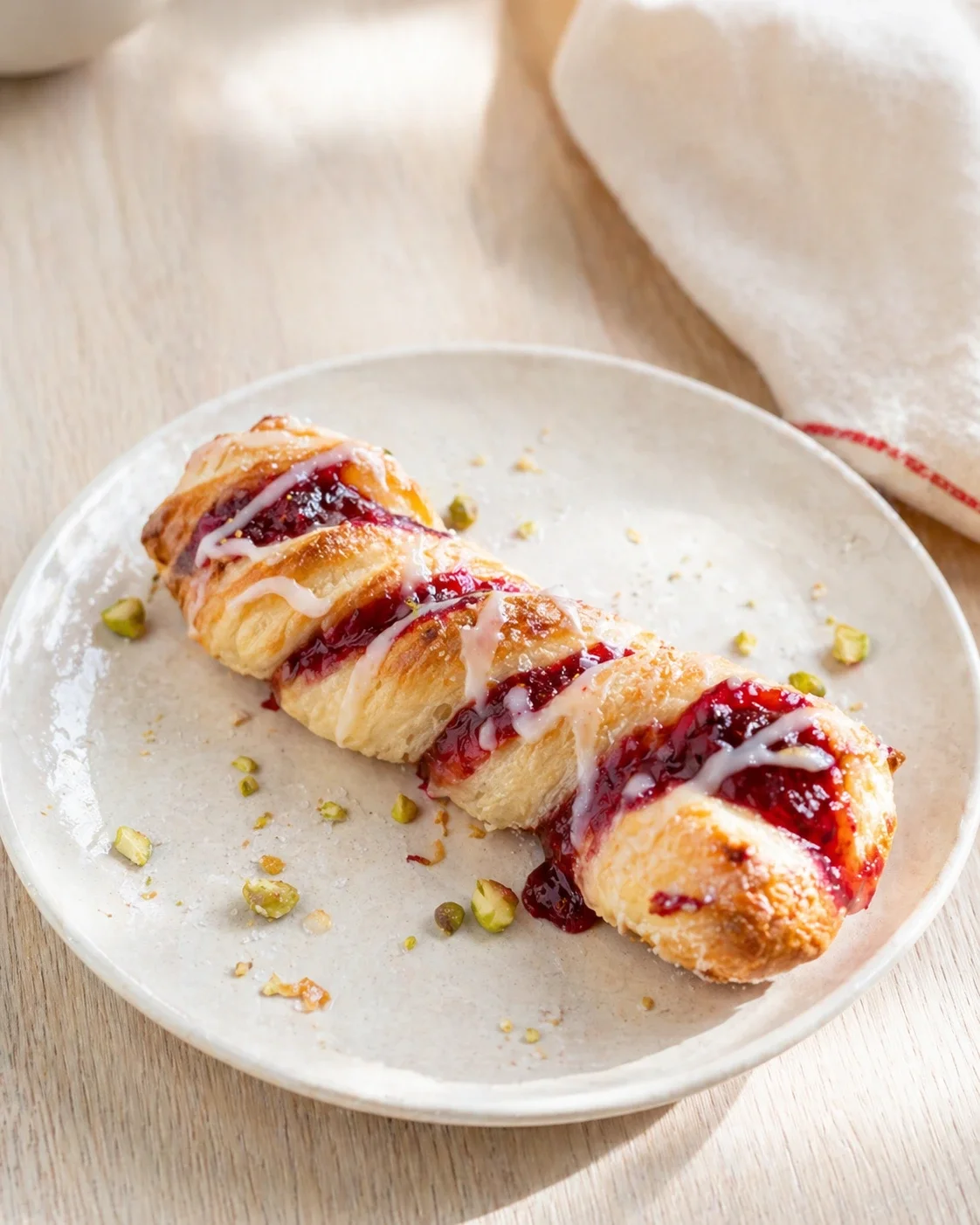 Golden croissant pastry on beige plate with red jam and white drizzle.