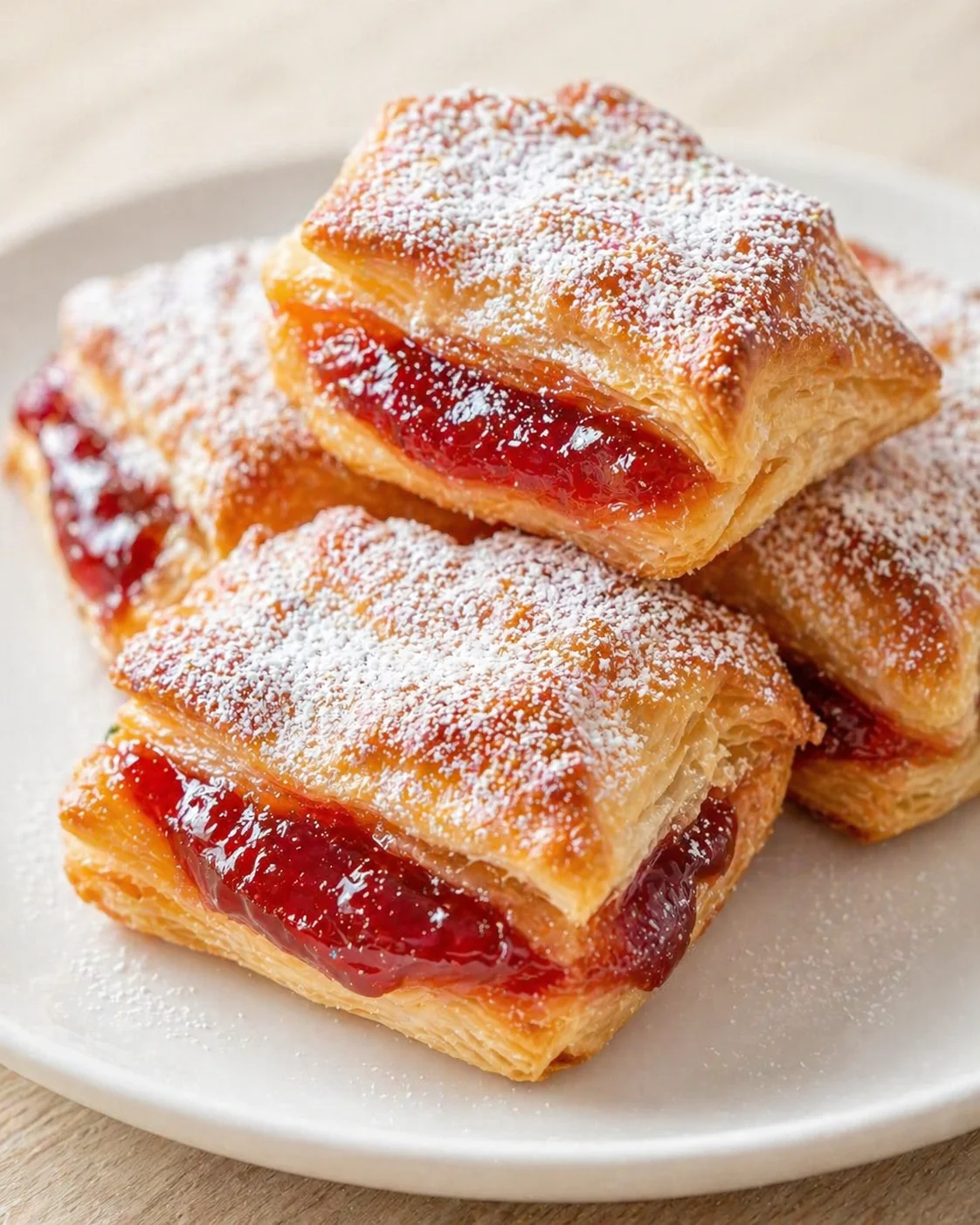 Stack of glossy jam-filled puff pastries on a white plate, lightly dusted with powdered sugar.