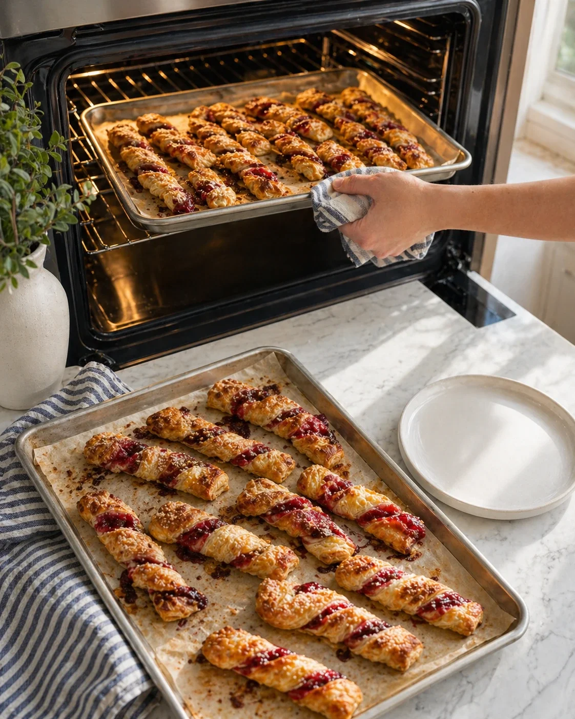 hands remove jam-filled puff pastry twists from oven onto baking tray in bright kitchen.