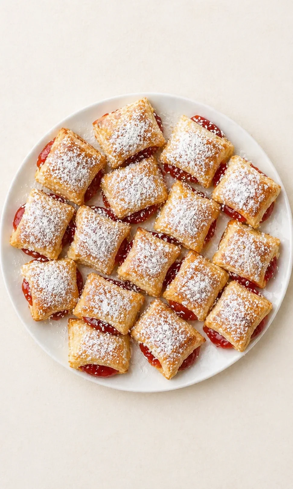Round white plate filled with square puff pastry bites dusted with powdered sugar and red jam.