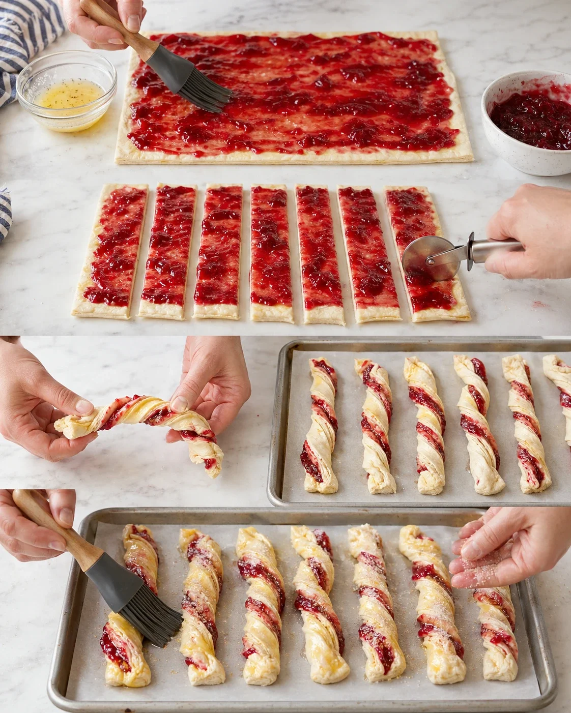 Puff pastry sheets spread with red jam, cut into strips and twisted into spirals on a marble counter.