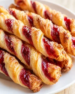 golden puff pastry twists with red jam on a white plate, sprinkled with sugar