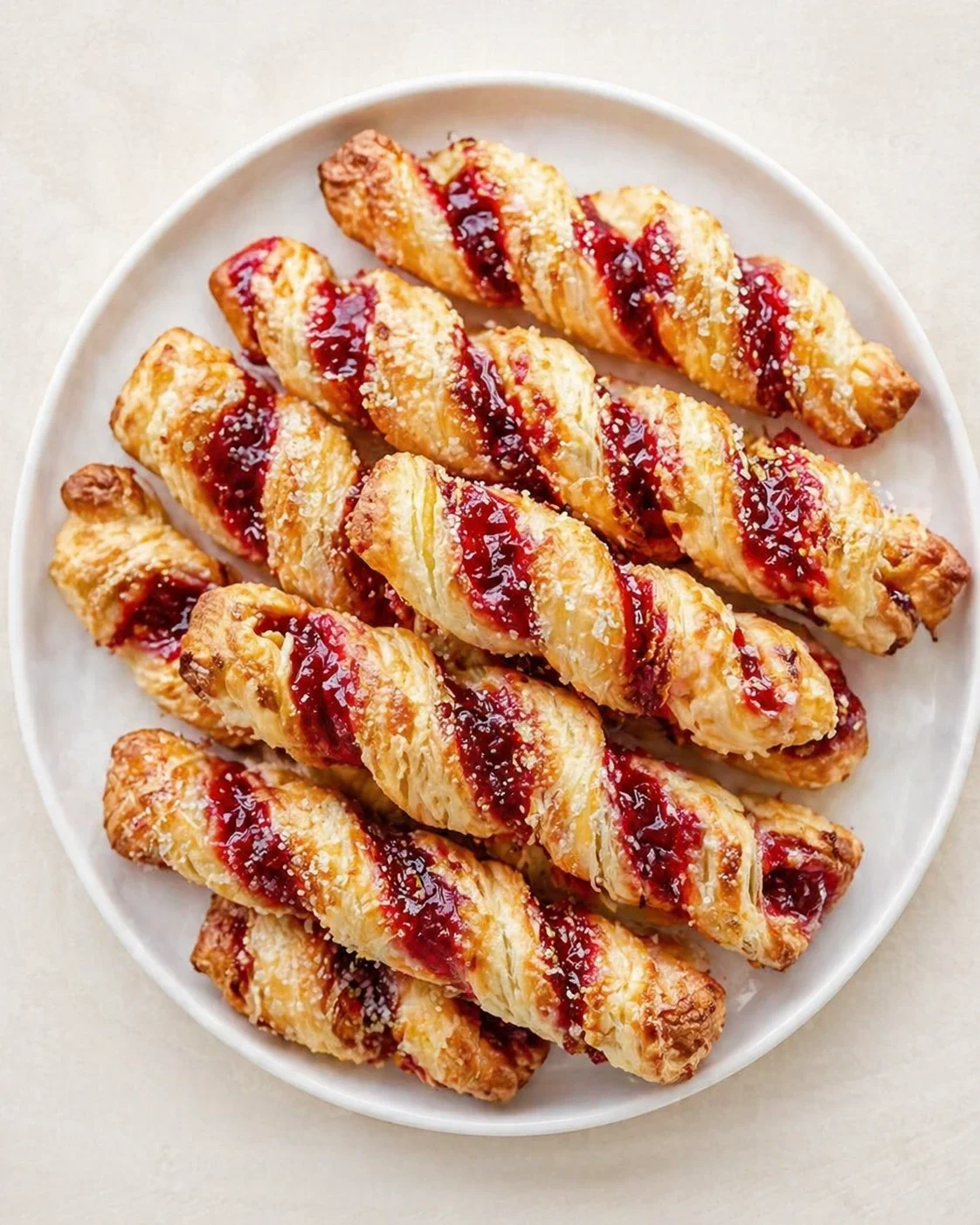 golden puff pastry twists with raspberry jam on a white plate