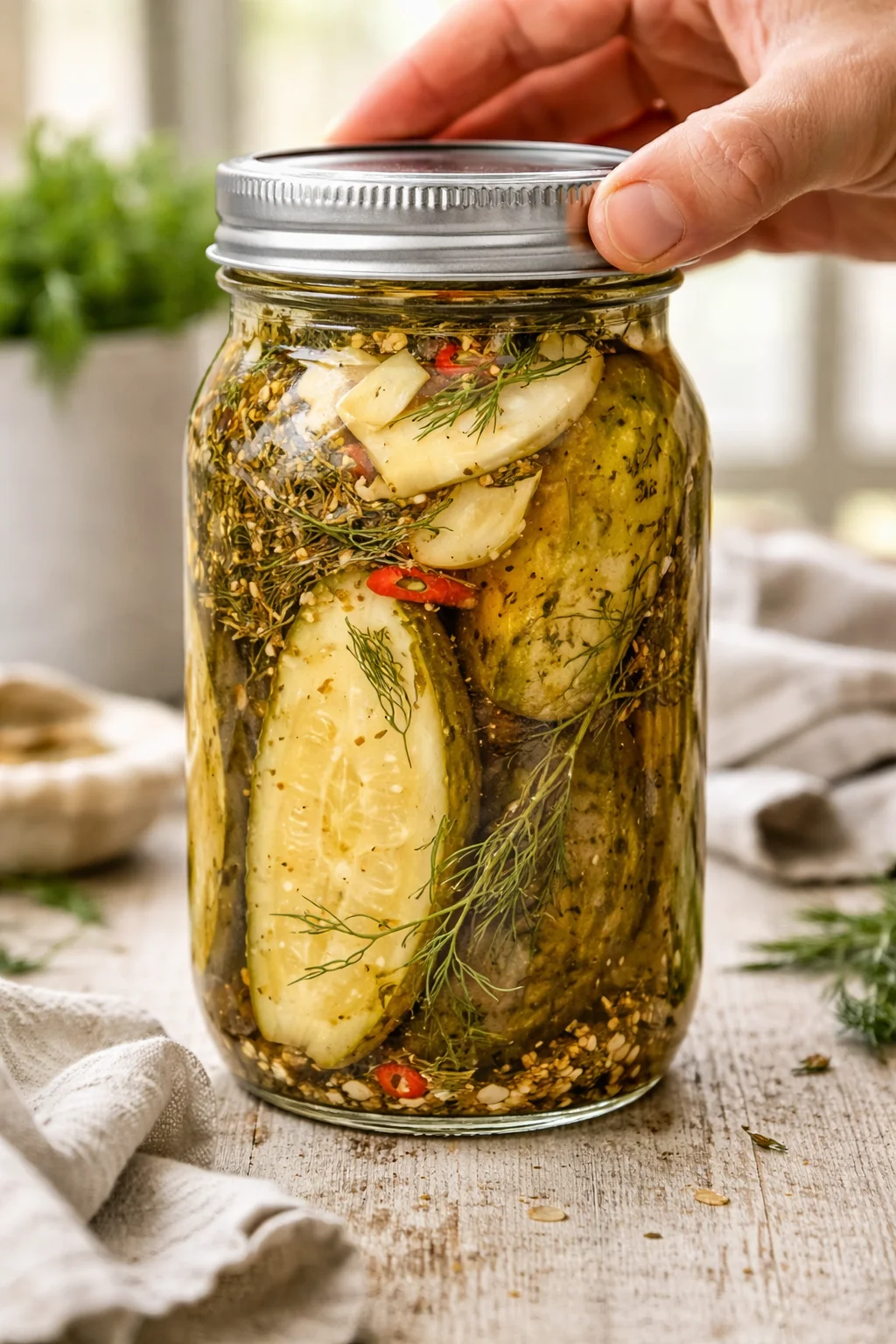 Hand sealing a mason jar packed with cucumber spears, dill, garlic, and red chili.