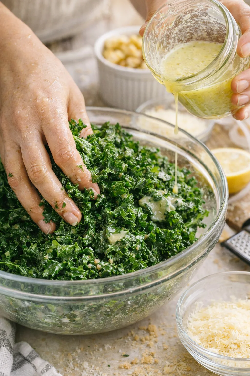 Hands massaging kale with lemon vinaigrette in a glass bowl