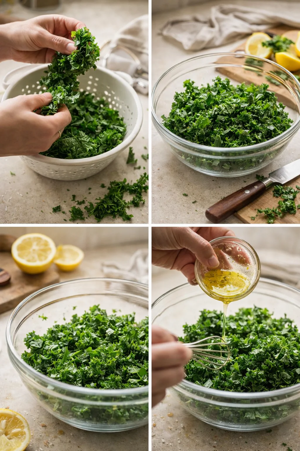 Four-panel collage showing kale being torn, chopped, placed in a glass bowl, and drizzled with lemon dressing.