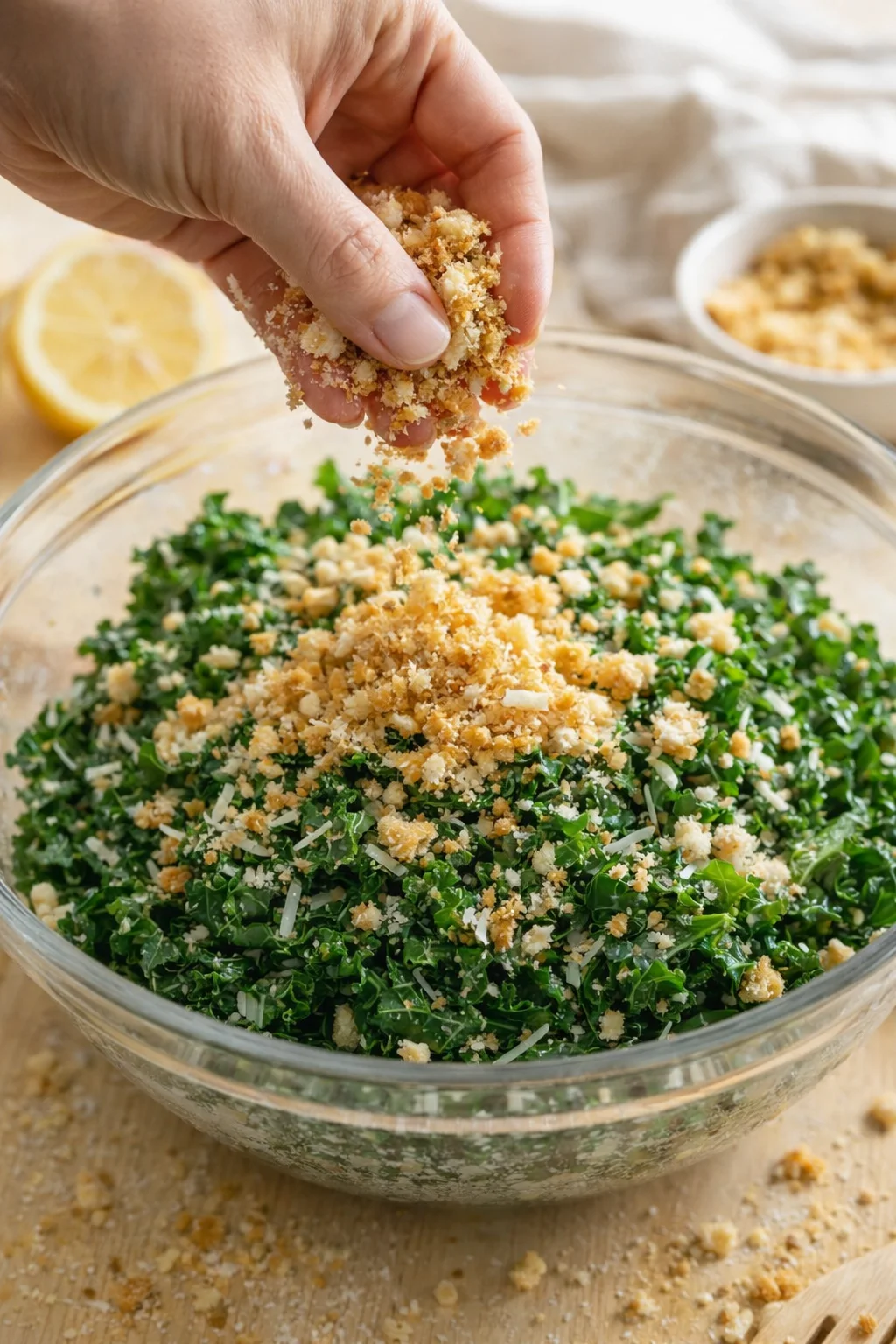 a hand sprinkling crispy breadcrumbs over chopped kale in a glass bowl