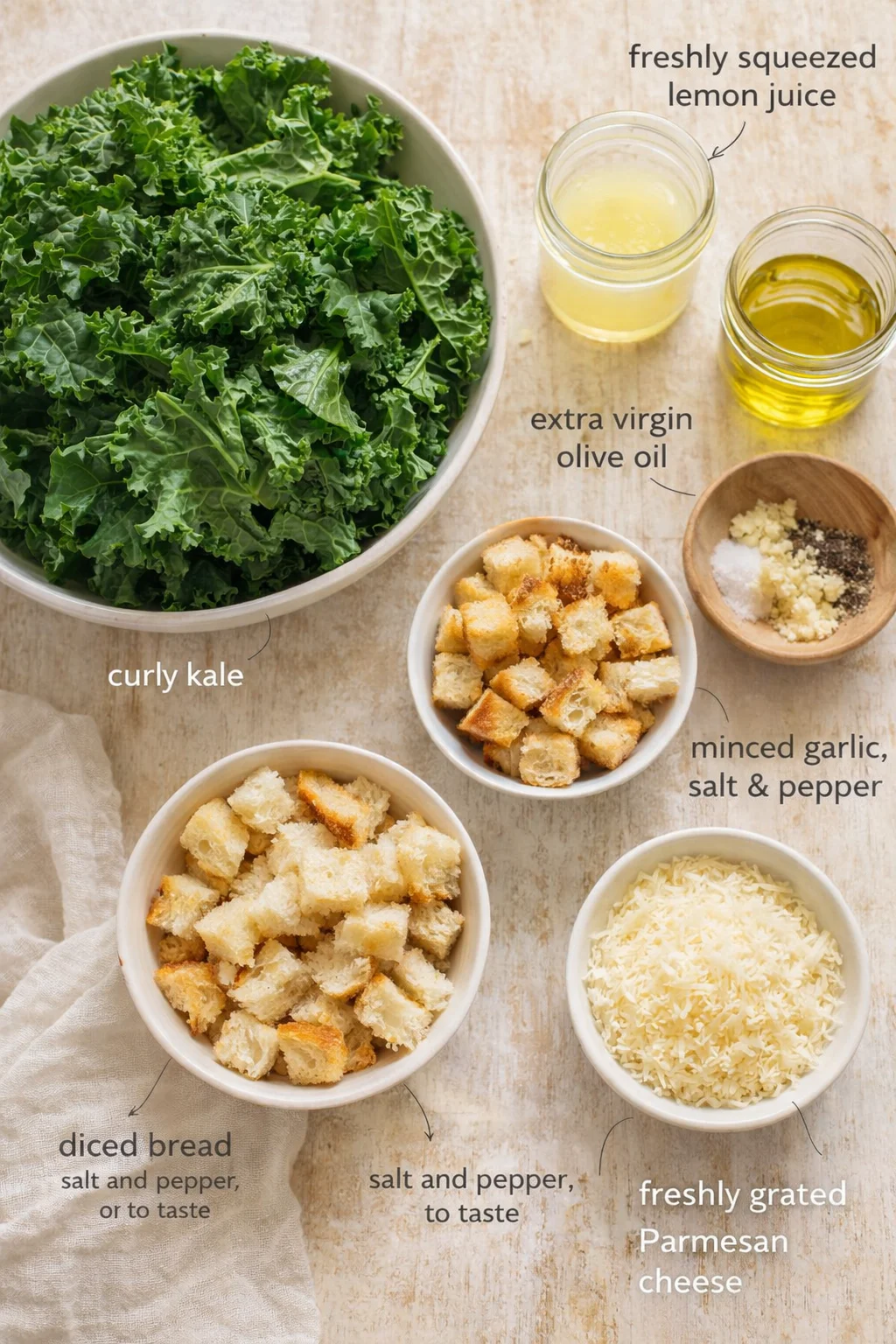 overhead view of kale with croutons, parmesan, garlic, olive oil, and lemon juice on a wooden surface.