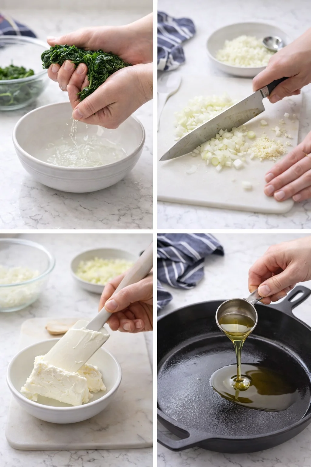 Four-panel collage: rinsing kale in water, dicing onion and garlic, soft butter, and pouring olive oil into a skillet.
