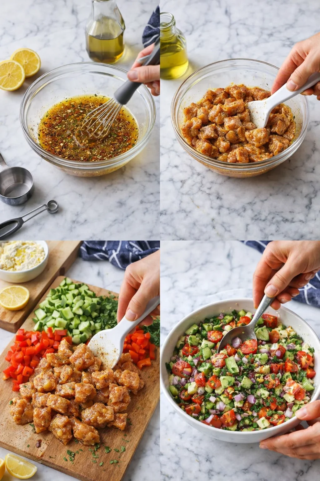 Collage showing marinade being whisked, diced chicken, chopped vegetables on a marble counter.