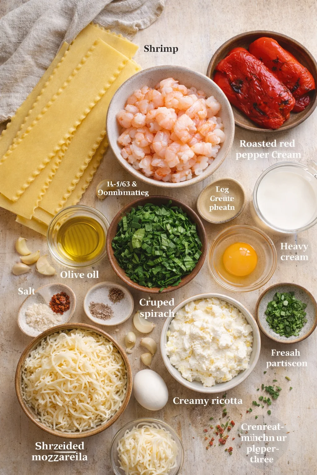 Overhead view of shrimp, roasted red peppers, cheeses, and herbs arranged in bowls on a wooden surface.