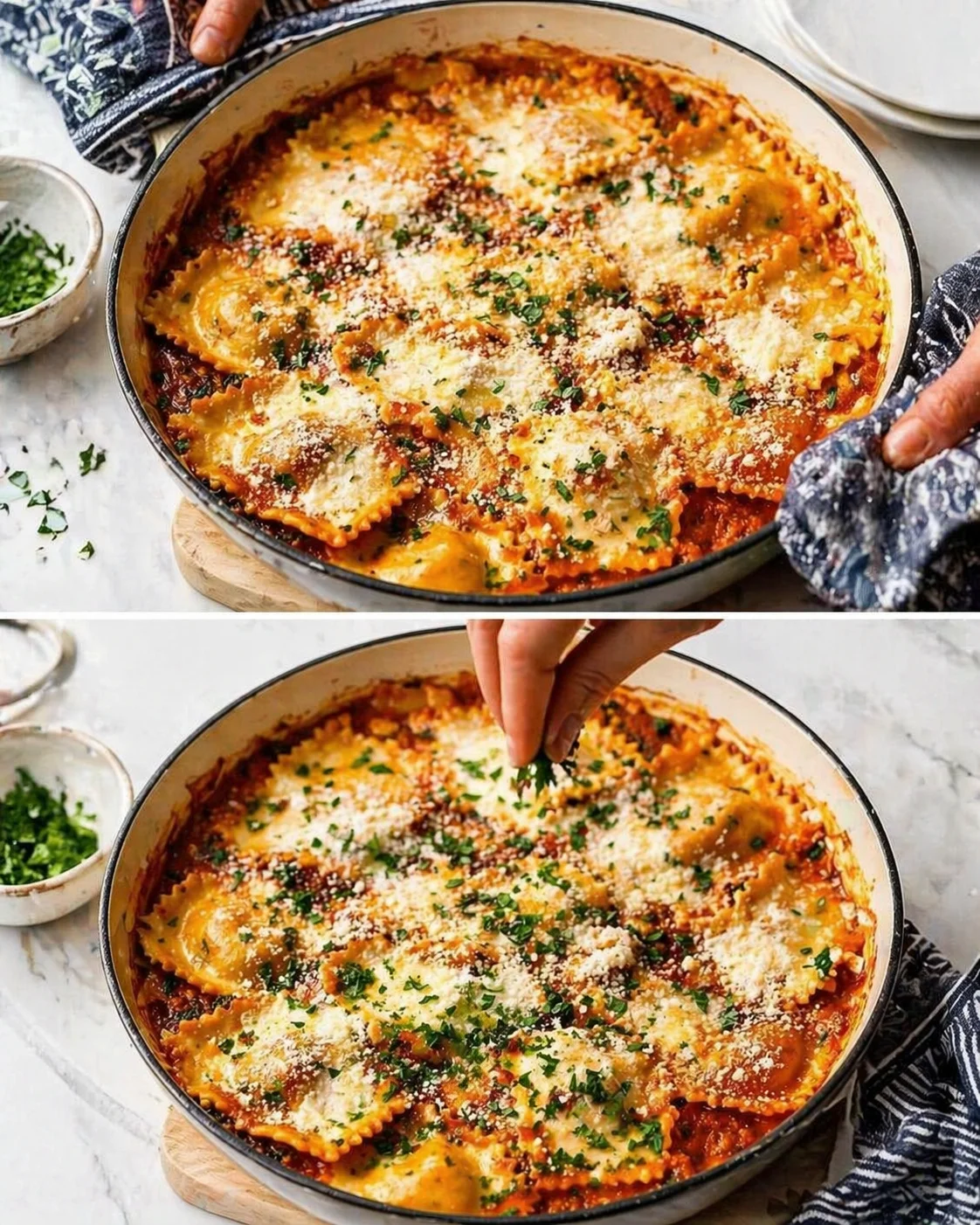 round skillet of lasagna with melted cheese, tomato sauce, parmesan, parsley, and farfalle topping