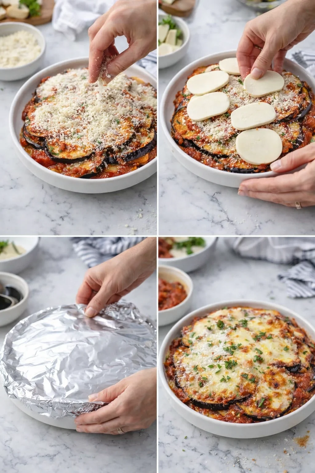 collage of four steps showing assembly of eggplant parmesan in a white dish.