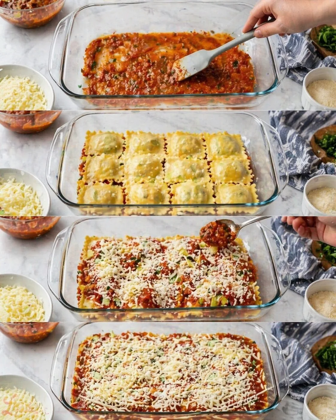 four-panel collage showing sauce spreading, arranged pasta squares, and final cheesy bake