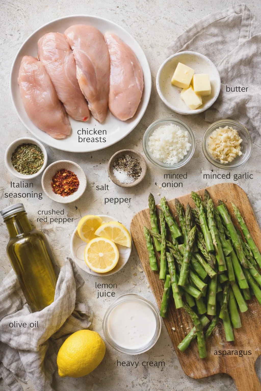 Top-down layout of chicken breasts, asparagus, and pantry ingredients on a light countertop