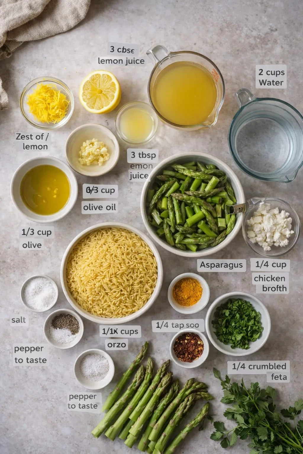 Top-down layout of ingredients for lemon-asparagus-orzo dish, including asparagus, orzo, feta, lemon, and herbs.