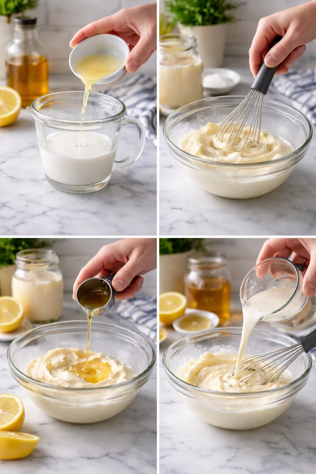 collage of four images showing lemon batter prep: pouring milk, whisking, adding liquid, and final stirring