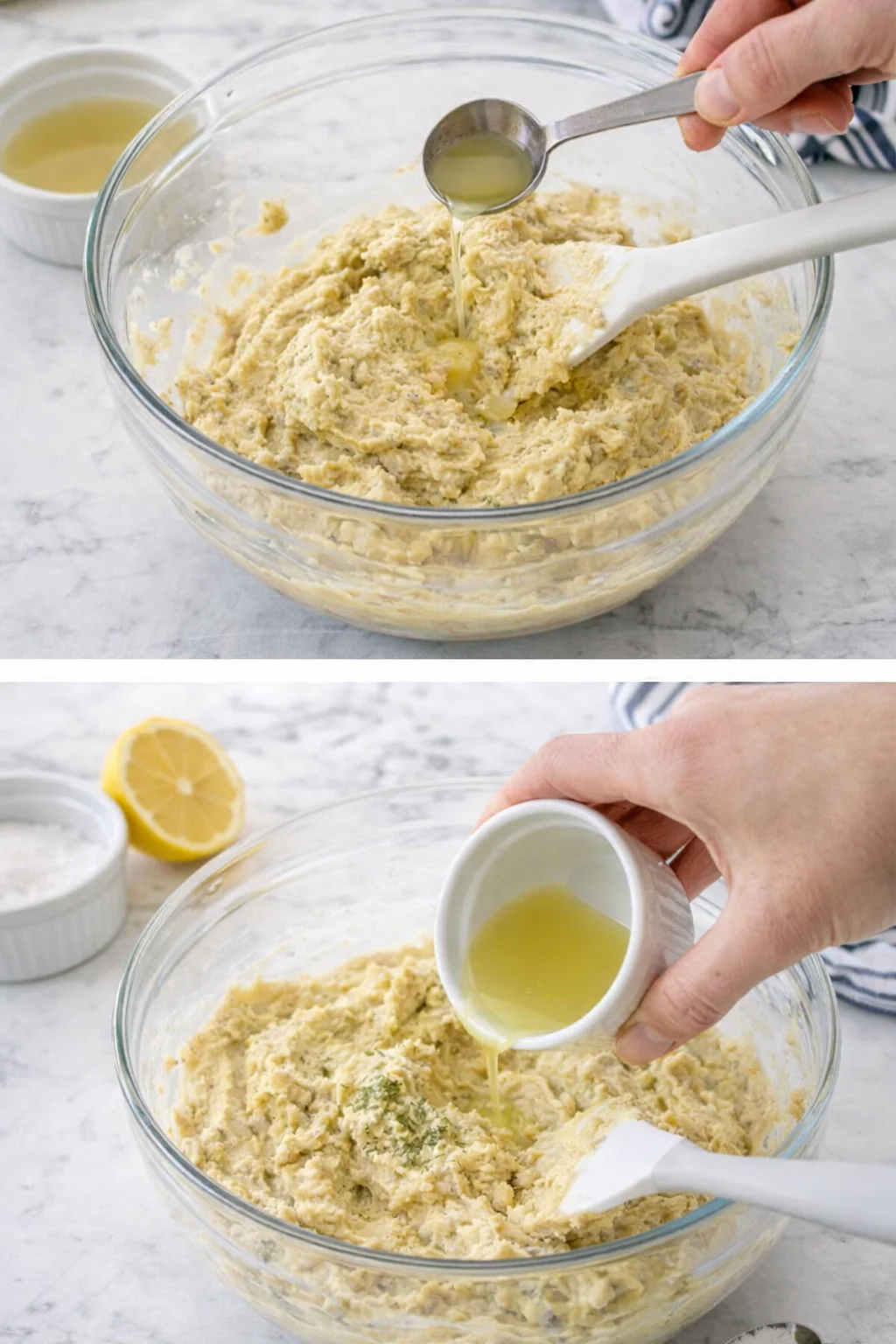 hands pouring lemon juice into a pale batter in a clear glass bowl on a marble counter