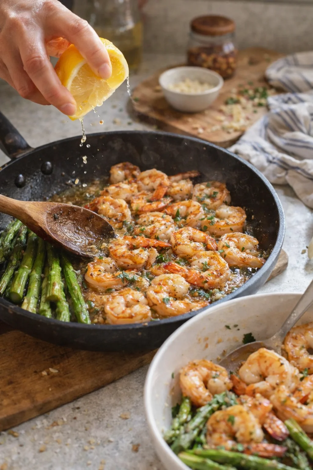 hand squeezing lemon over a skillet of shrimp and asparagus in garlic-butter sauce
