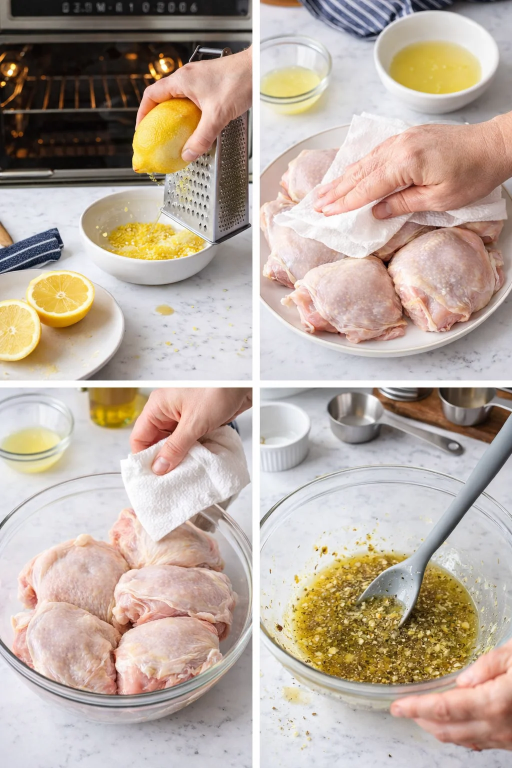collage of lemon zesting, patting dry chicken, and preparing marinade on marble counter
