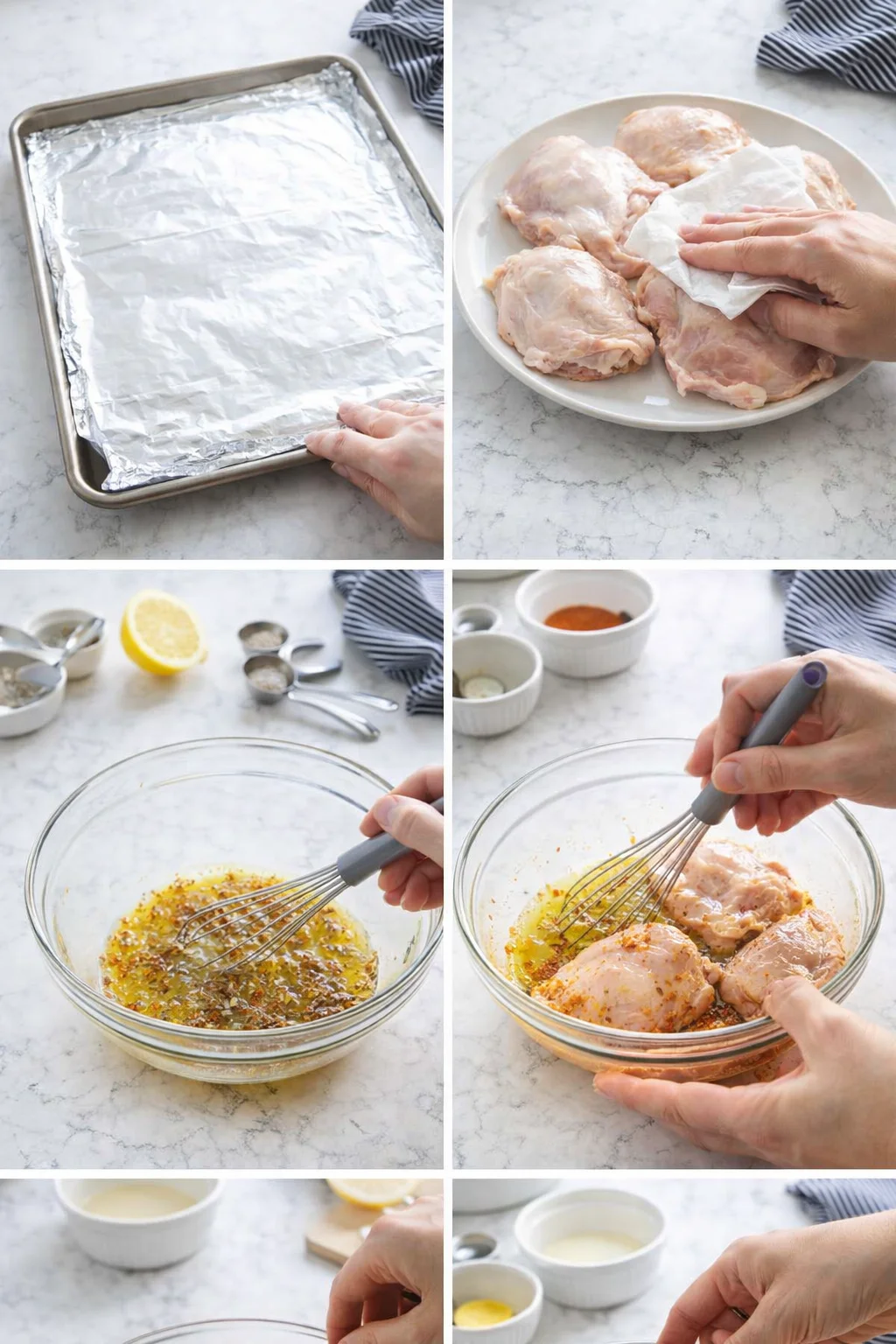 Collage showing chicken prep: foil-lined tray, raw chicken, lemon wedge, and a bowl of whisked marinade.