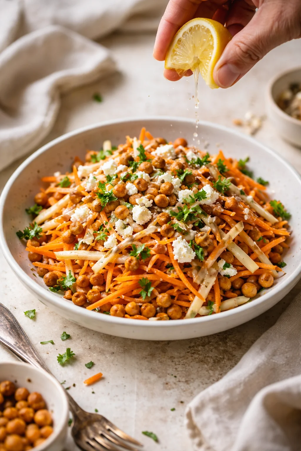 bowl of carrot noodles with chickpeas, feta, parsley, and a hand squeezing lemon over the dish