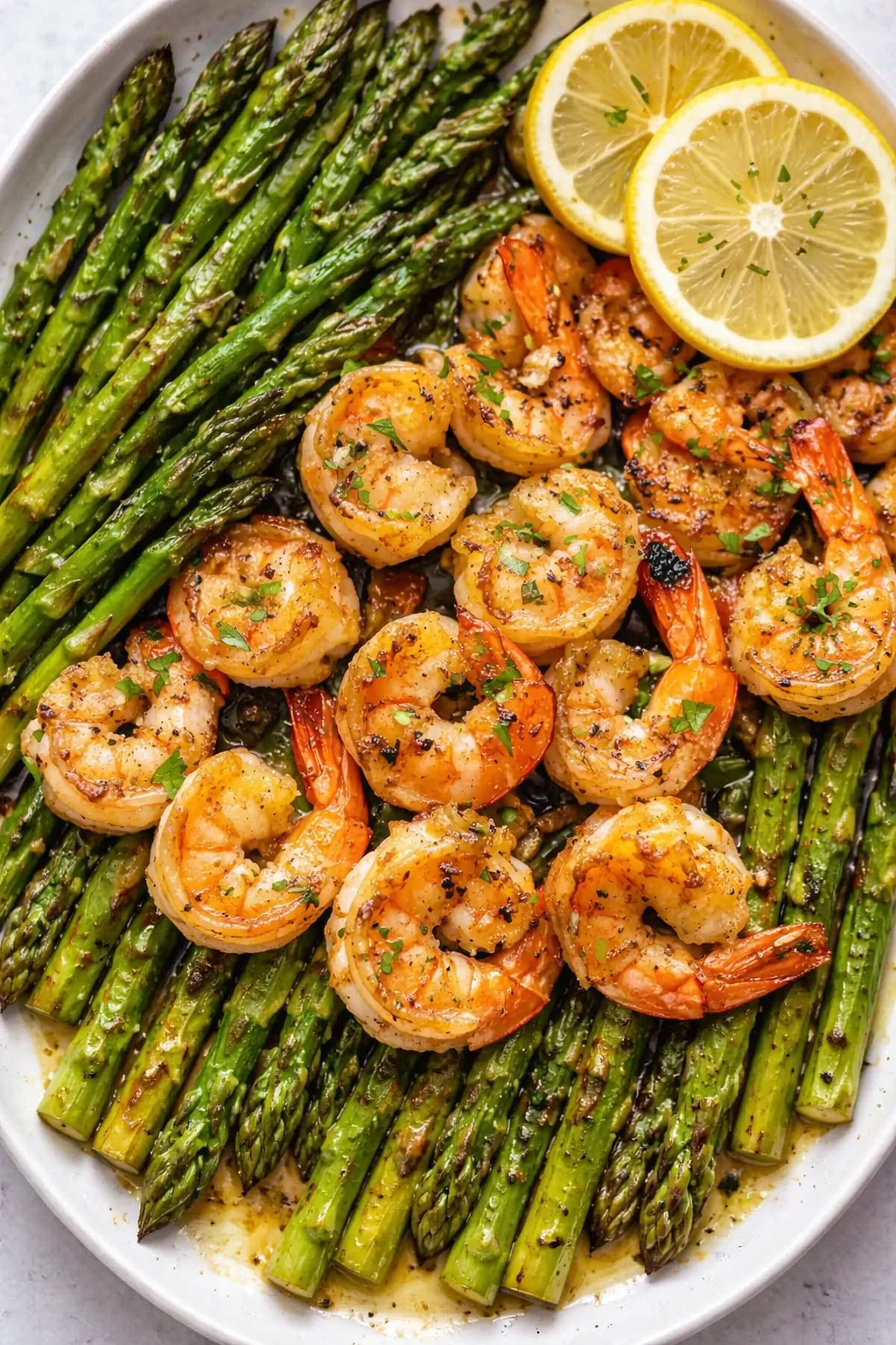 platter of grilled shrimp and asparagus, garnished with lemon slices on a white plate