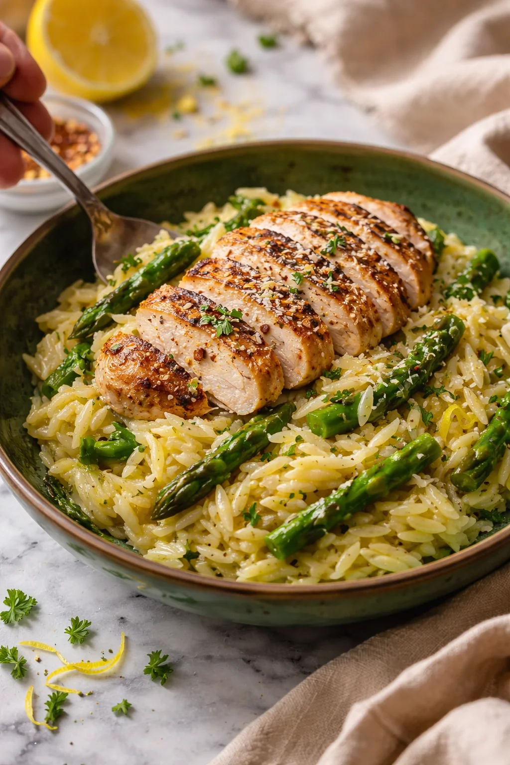 Sliced grilled chicken rests on lemon-herbed orzo with asparagus in a green bowl.