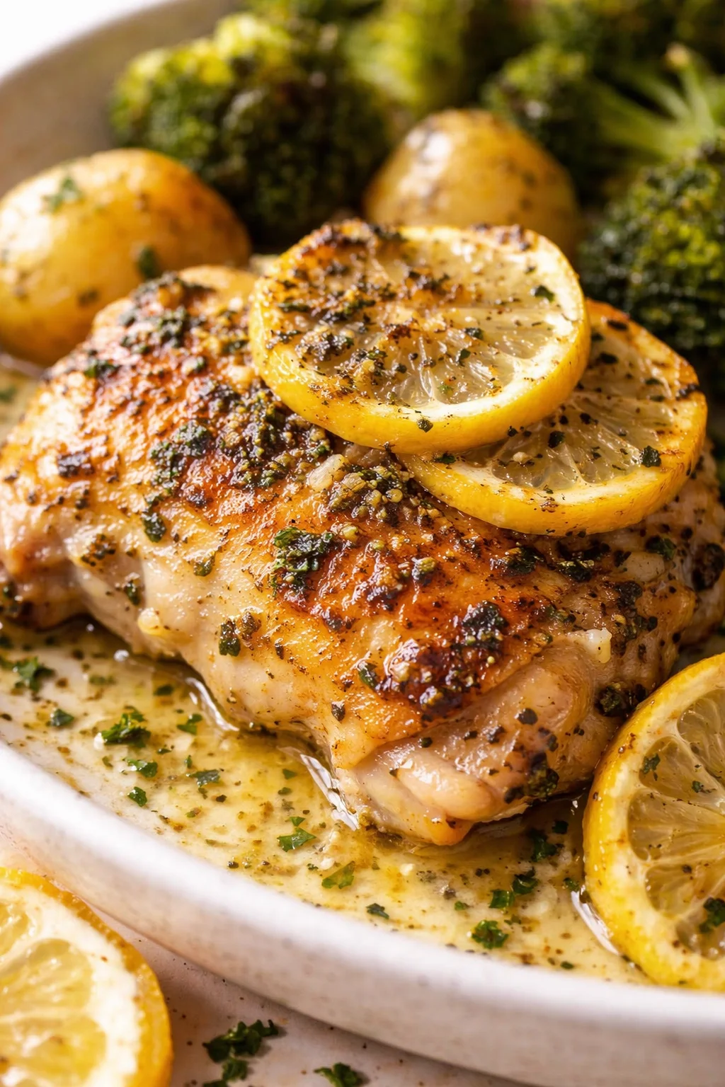 golden roasted chicken with lemon slices, herbs, and a buttery pan sauce