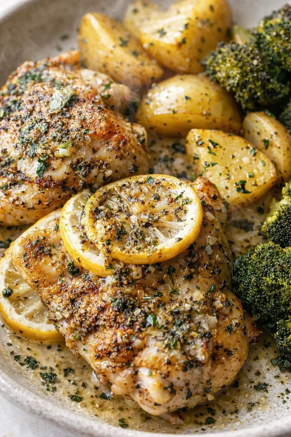golden-brown roasted chicken thighs with lemon slices, potatoes, and broccoli in a skillet