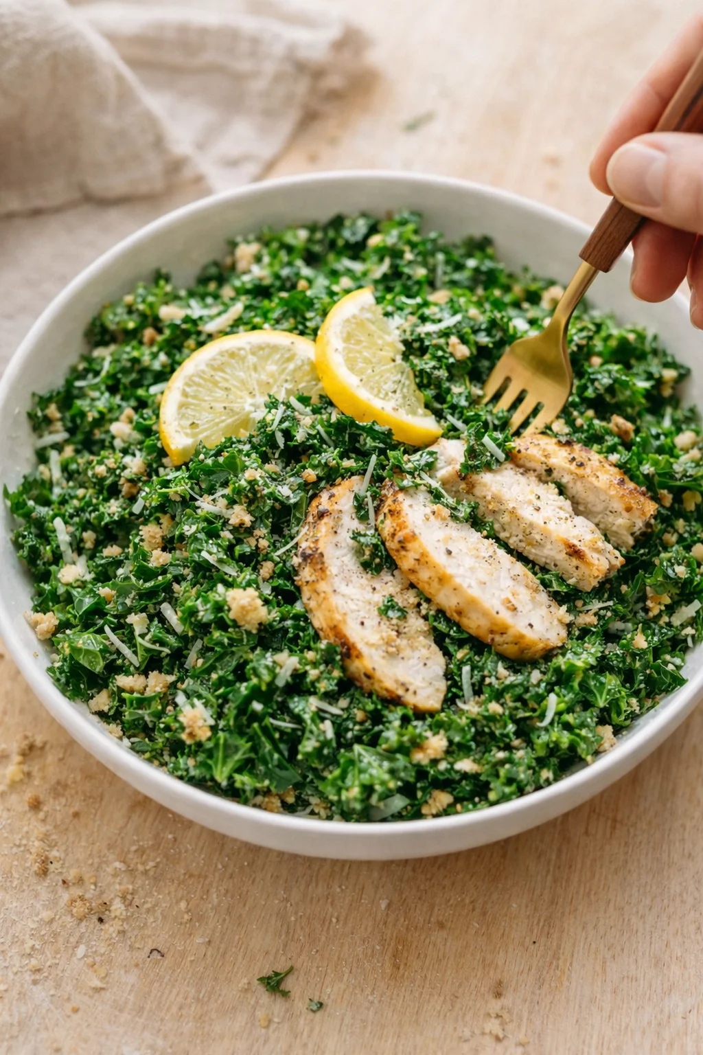 bowl of kale salad with sliced chicken, lemon wedges, and parmesan on a wooden table.