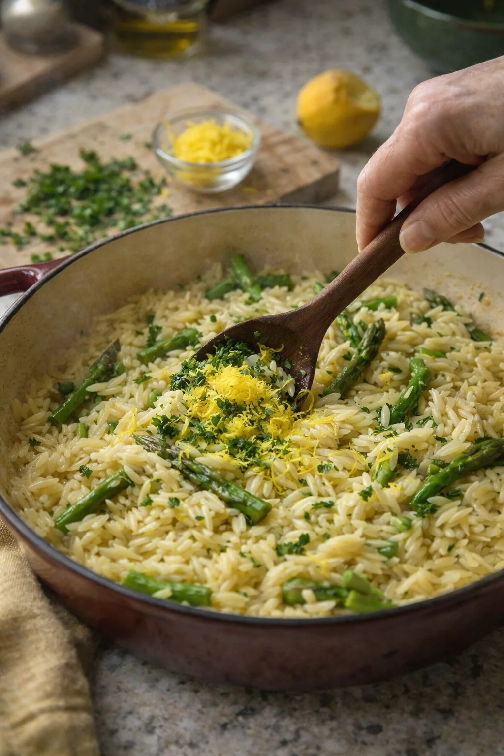 Skillet of orzo with asparagus, topped with lemon zest and parsley.