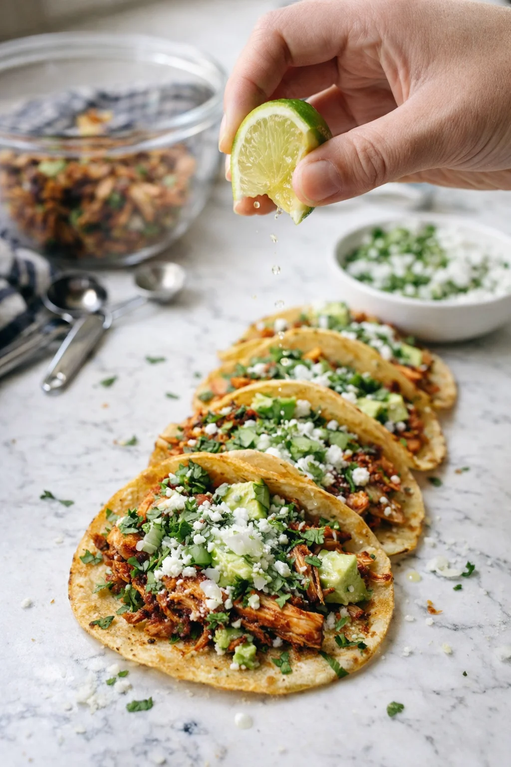 hand squeezing a lime over a row of tacos topped with avocado, cilantro, and crumbled white cheese on marble surface