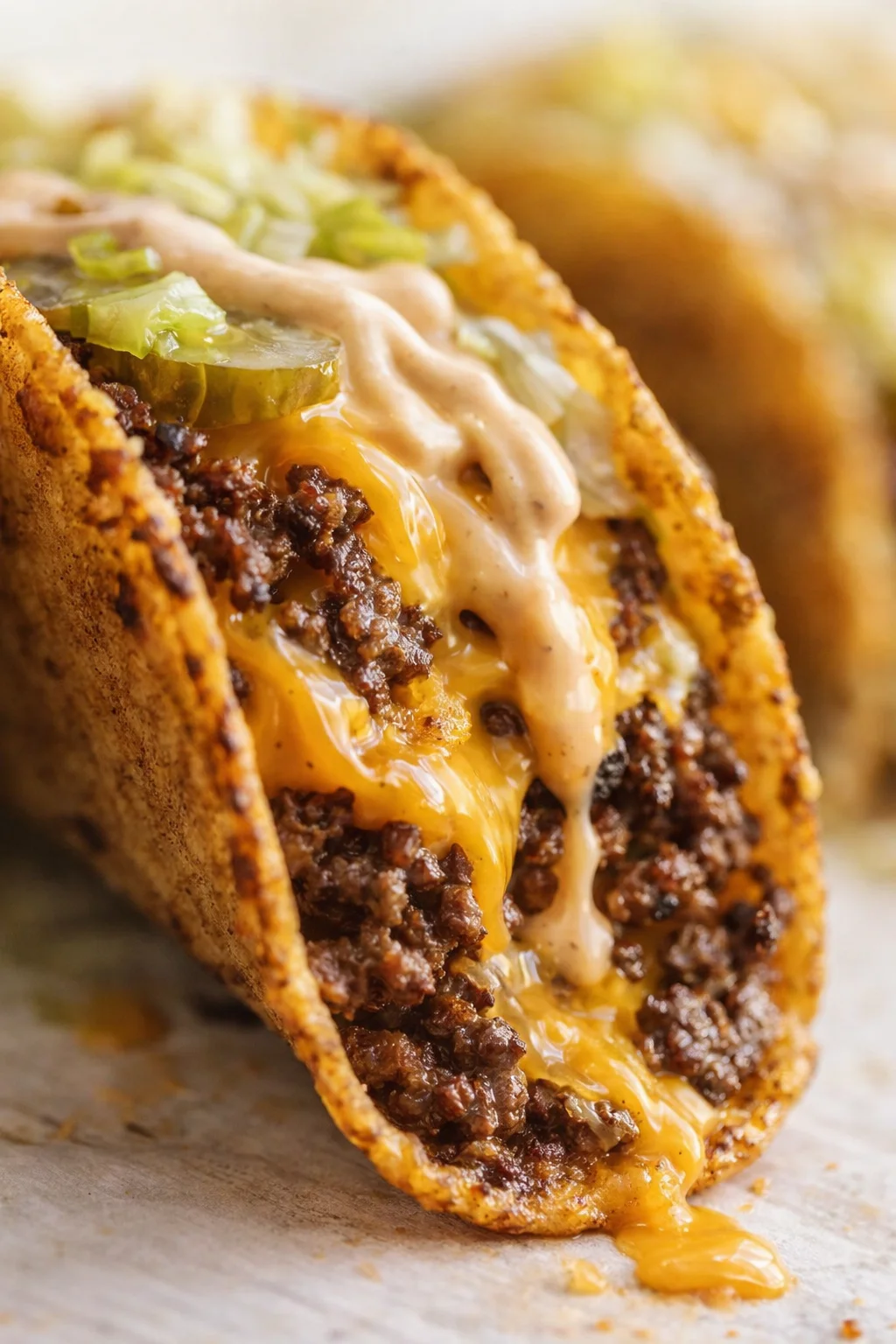 close-up of a stuffed taco with browned beef, melted cheddar, creamy sauce, pickles, and lettuce