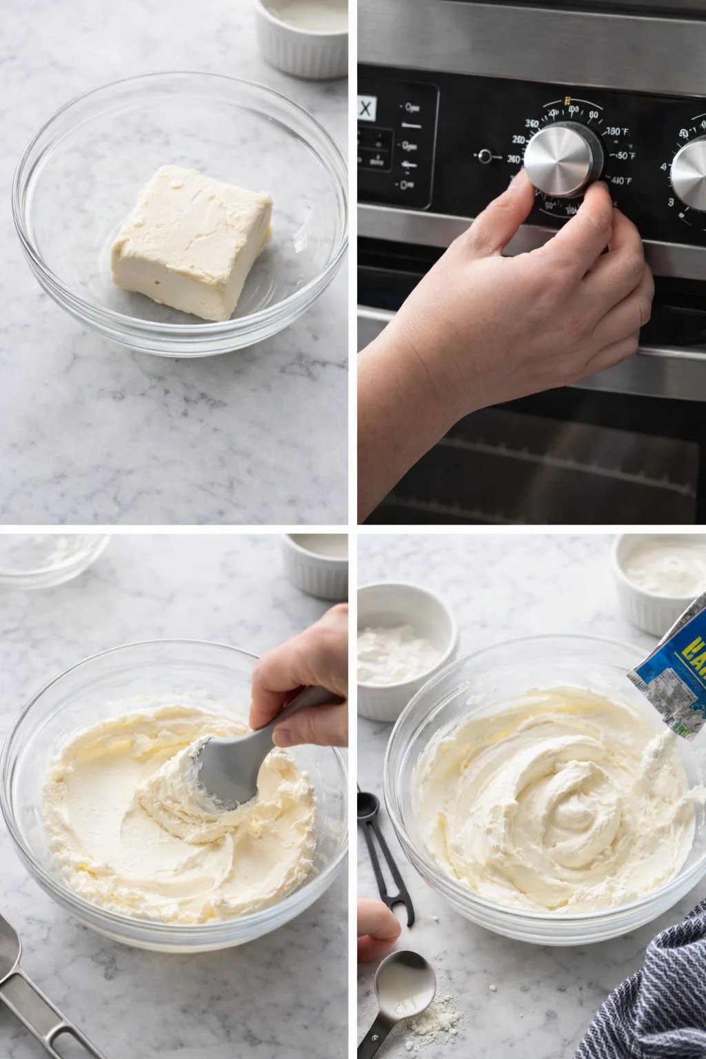 collage showing butter block in a glass bowl, oven knob, and hands mixing and whipping frosting