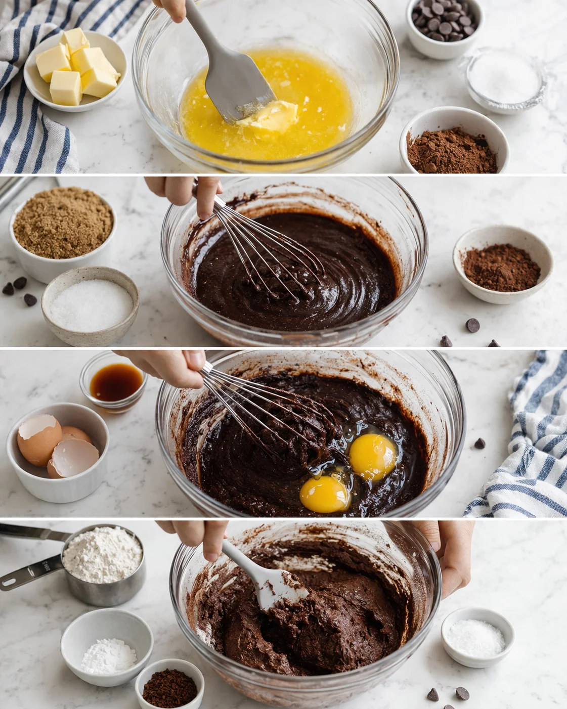 A four-panel collage showing brownie batter being prepared with butter, eggs, cocoa, and a whisk.