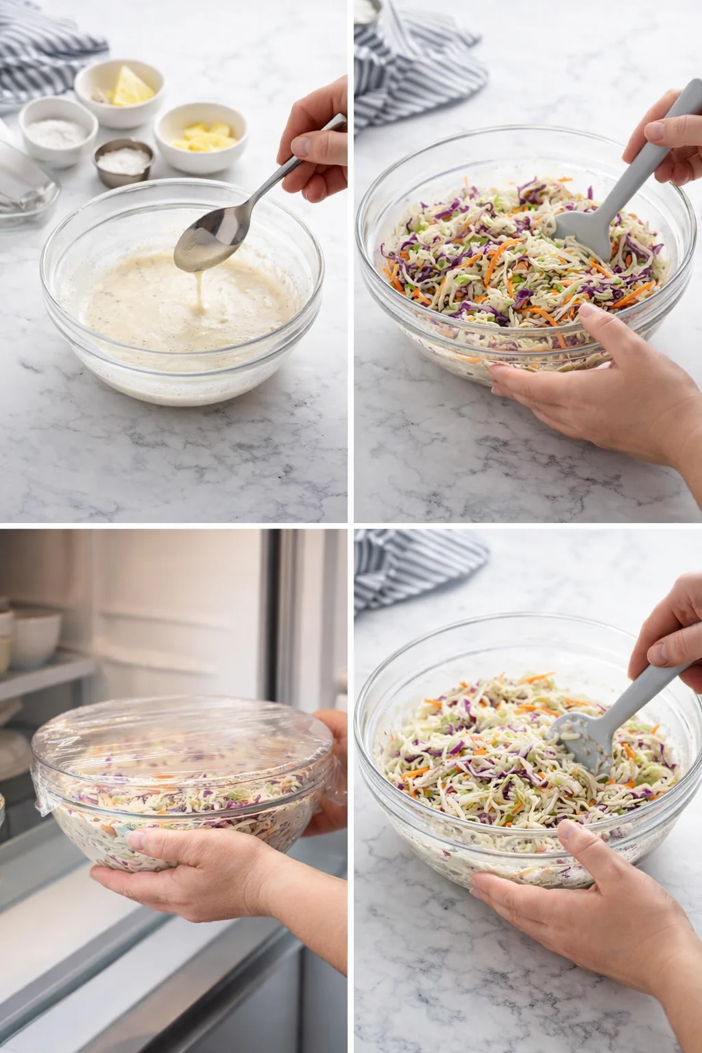 Hands mixing dressing in a glass bowl, then tossing shredded cabbage slaw in a large bowl.