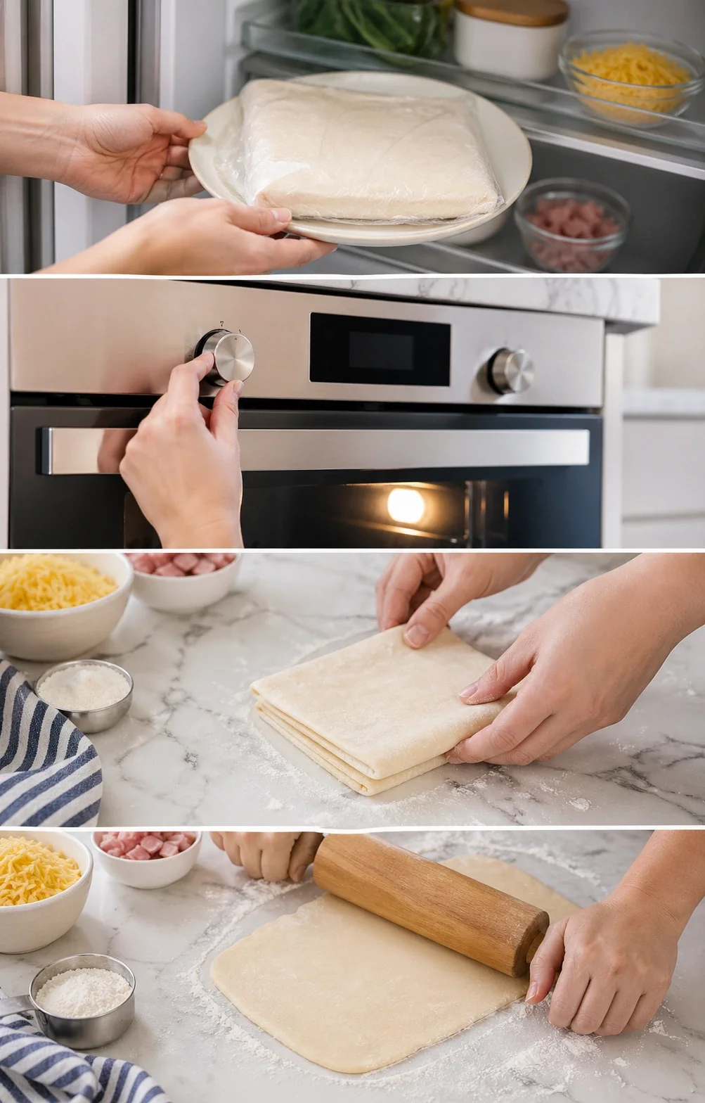 Hands roll and fold puff pastry with ham and cheese nearby.
