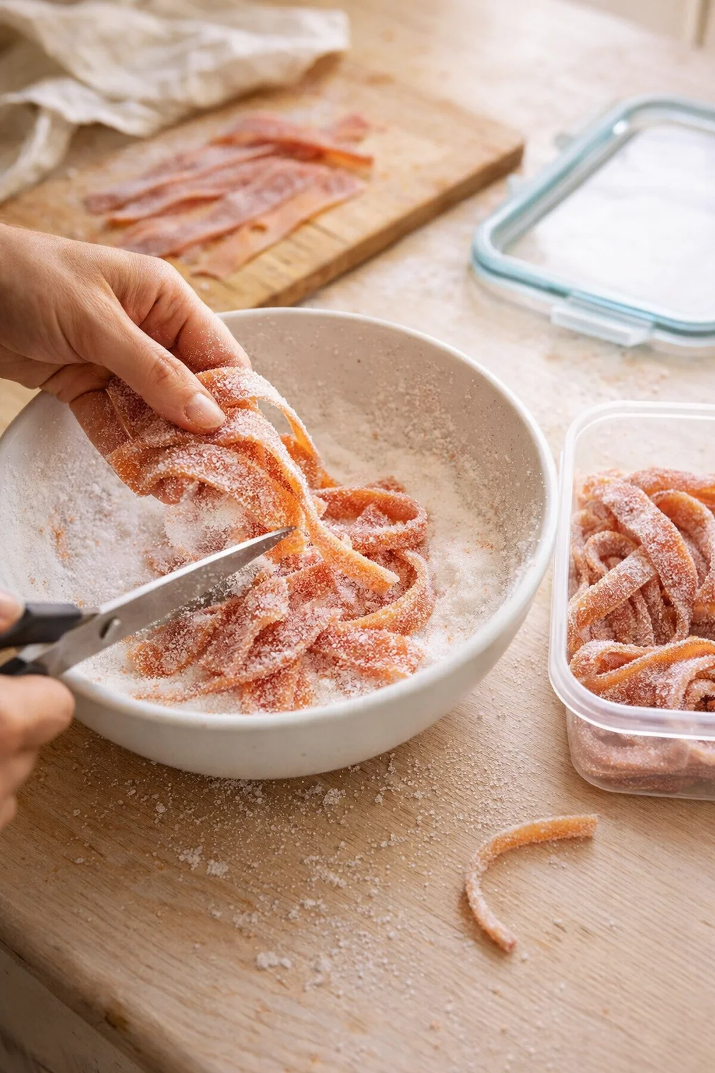 hands cutting sugar-coated orange pasta strands in a white bowl on a wooden counter