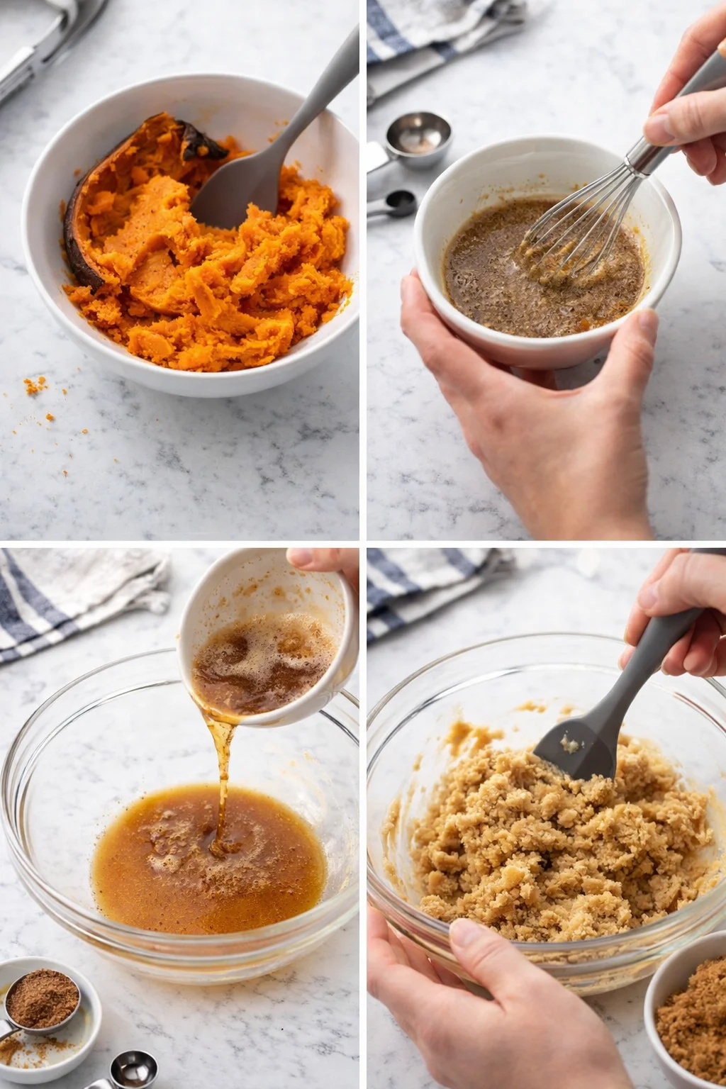 Four-panel collage of sweet potato dough prep: mashing, whisking, pouring syrup, and mixing dough.