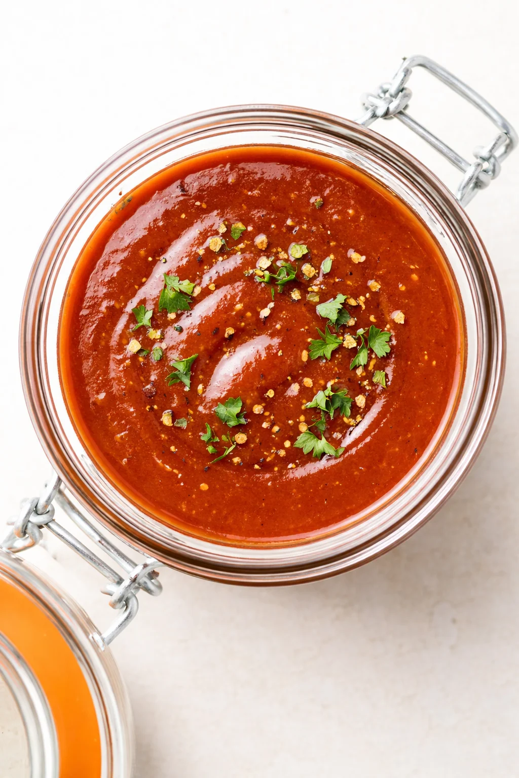 Bird's-eye view of red tomato sauce in a glass jar with parsley garnish.