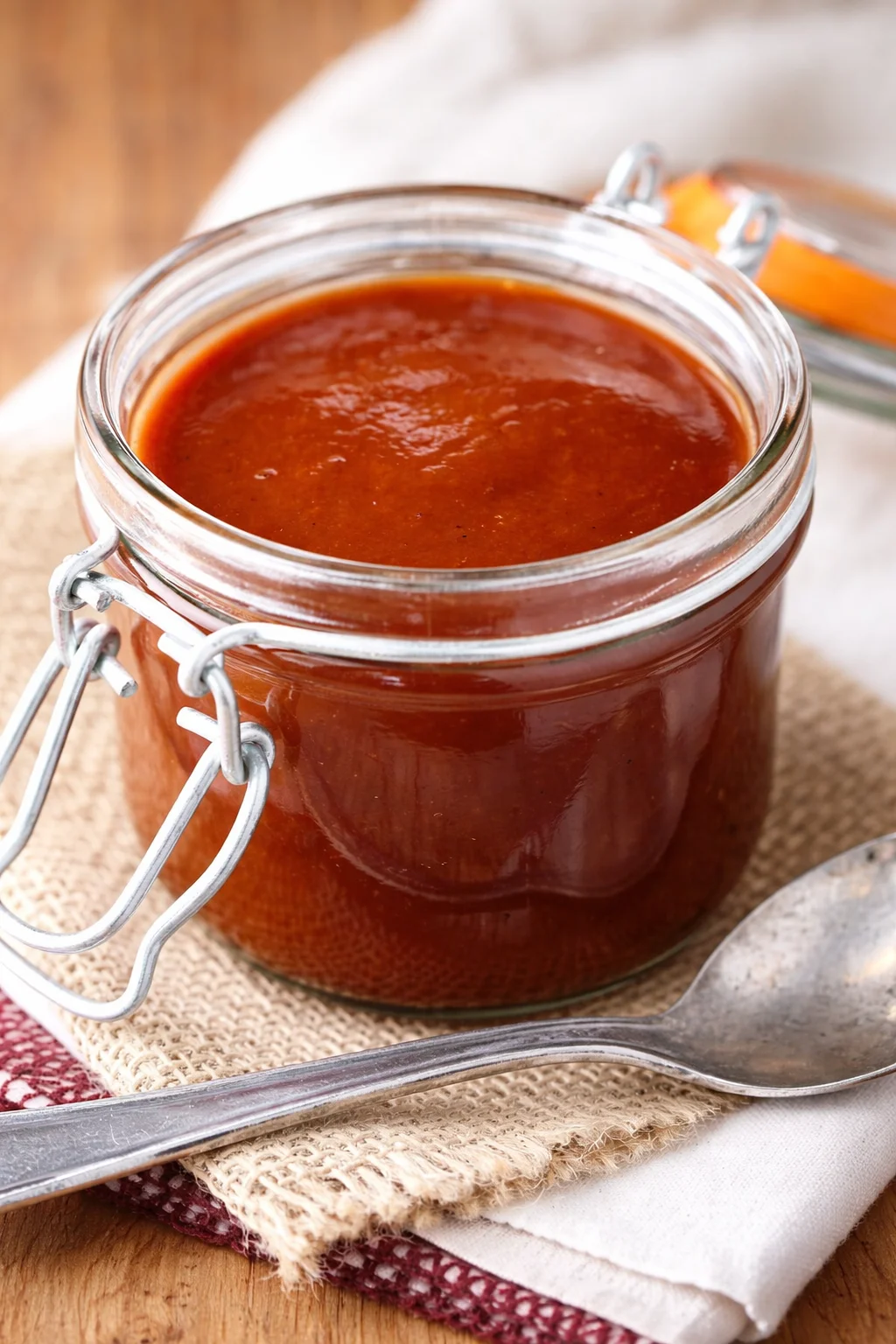 Clear glass mason jar of tomato sauce on burlap, with a metal spoon nearby, warm kitchen setting.
