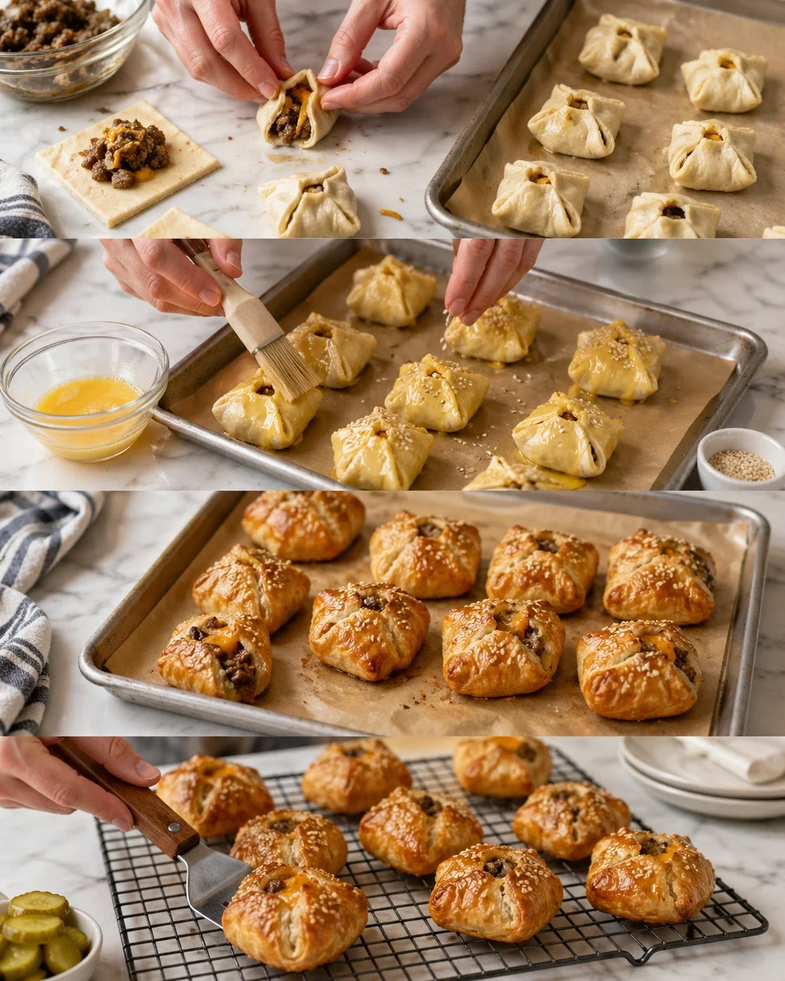 Collage of hands shaping meat-filled pastry pockets, brushing egg wash, and baking golden pastries on parchment-lined trays