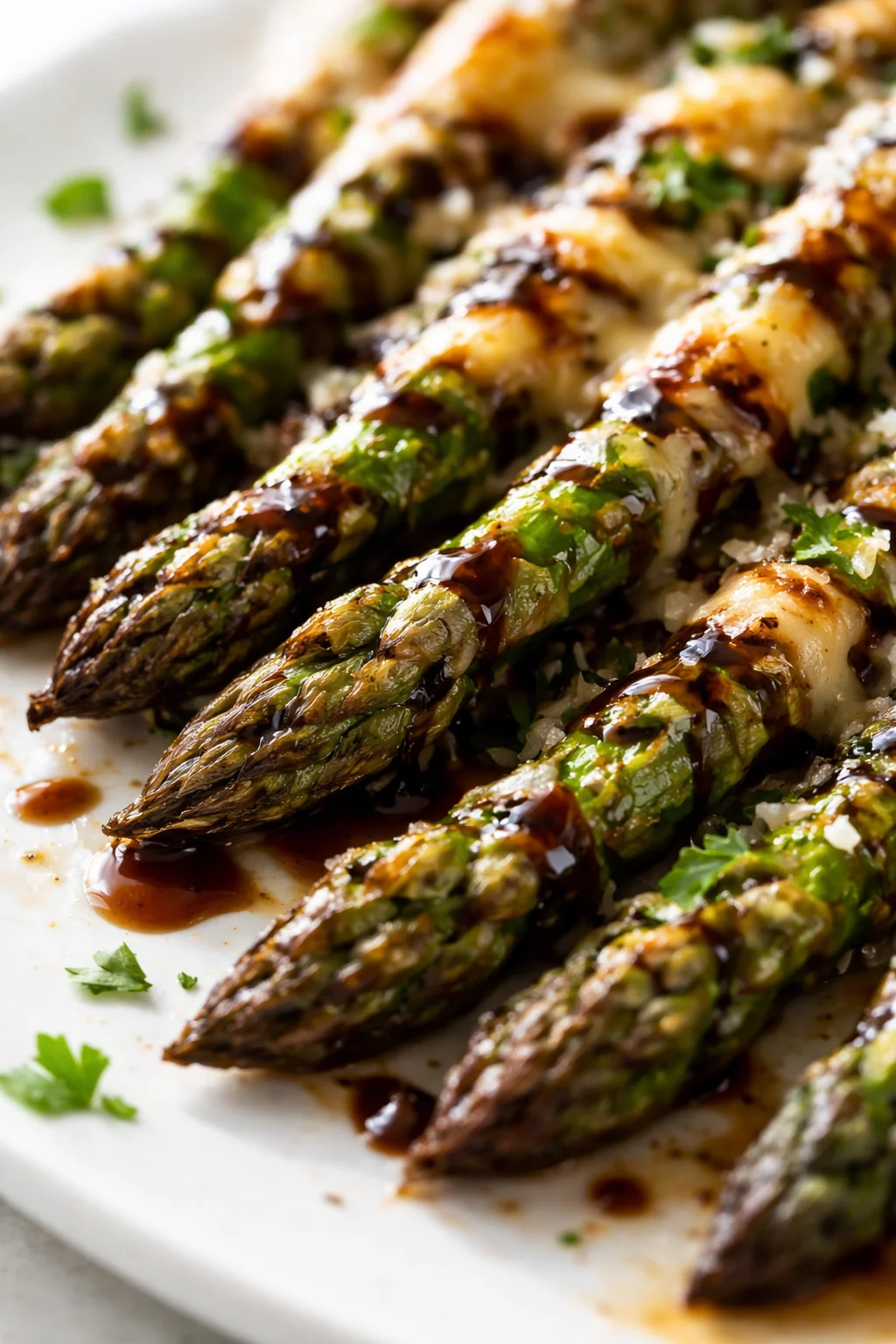 Close-up of grilled asparagus spears topped with melted cheese and chopped herbs on a white plate.