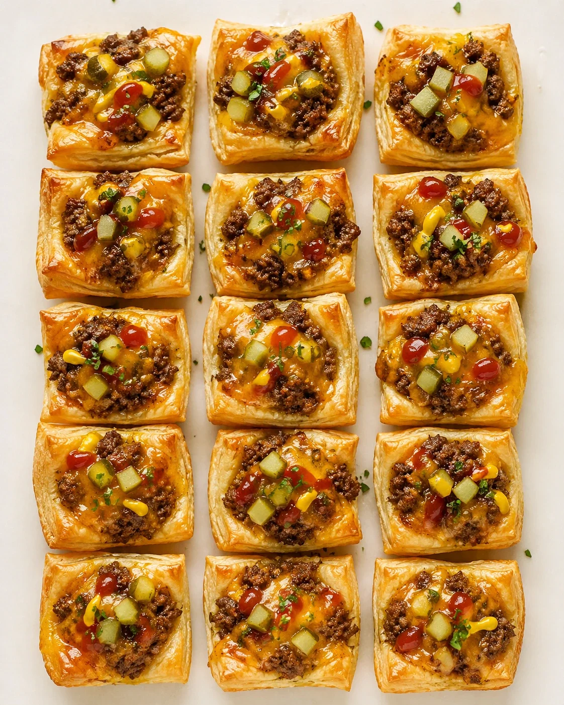 Twenty square puff pastries topped with beef, pickles, corn, and sauces on parchment.