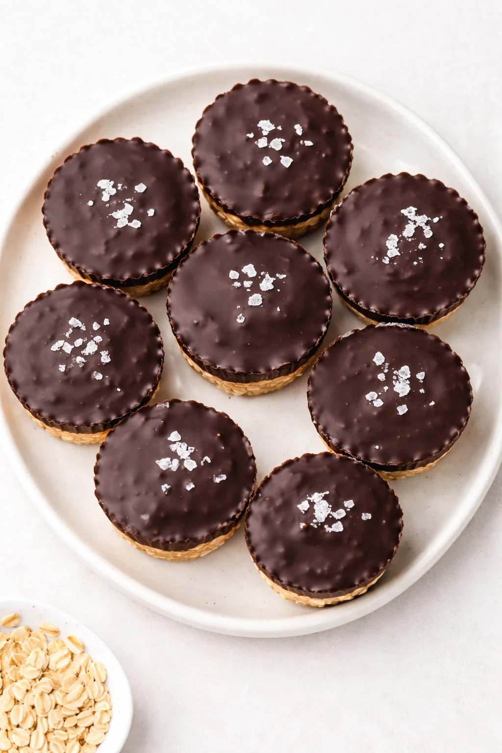 several mini chocolate tarts with glossy ganache and sea salt on a white plate.
